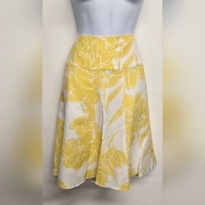 Ann Taylor Linen Blend Yellow White A Line Full Skirt Floral Side Zipper 12